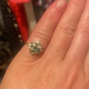14k Yellow Gold Emerald & Diamond Cluster pinky ring